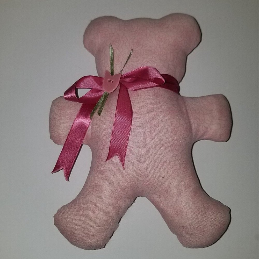 Cloth Teddy Bear Plush Pink Rose Print 9.5" Handmade Baby Gift Decor Girl Floral